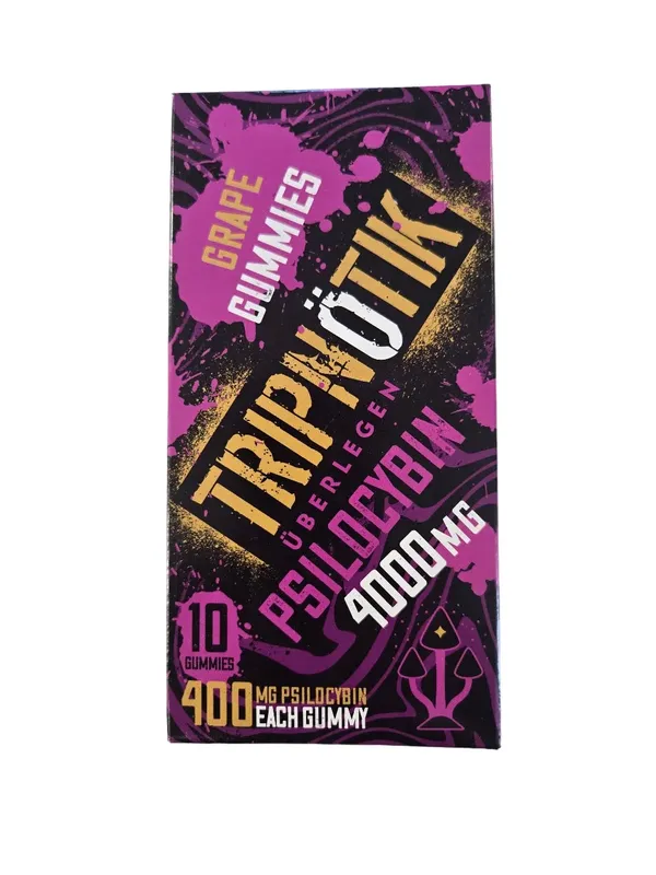 Black and purple Tripnotik Grape Gummies package marked ten pieces and 4000mg total