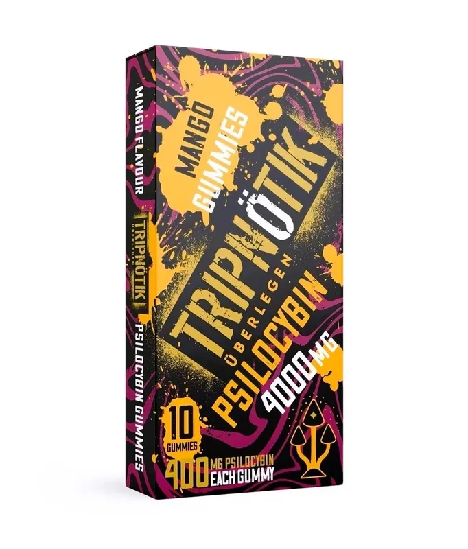 Black, yellow and purple Tripnotik Mango box labelled 10 gummies and 4000MG