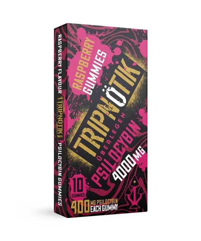 Black and pink Tripnotik Raspberry box labelled 10 gummies and 4000MG