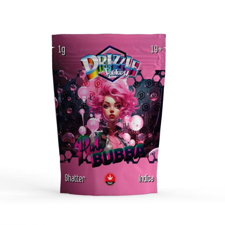 Black quilted Pink Caviar Drizzle Shatter pouch with pink Indica label 2
