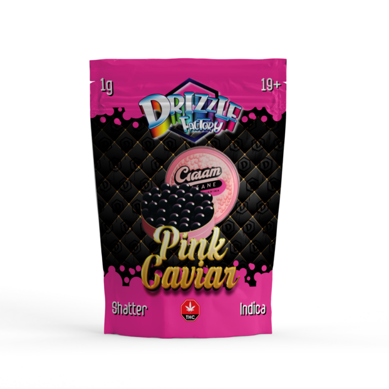 Black quilted Pink Caviar Drizzle Shatter pouch with pink Indica label 1