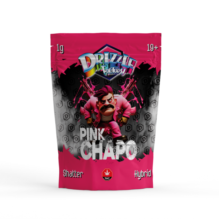 Hot-pink Pink Chapo Drizzle Shatter pouch marked Hybrid and 1g 1