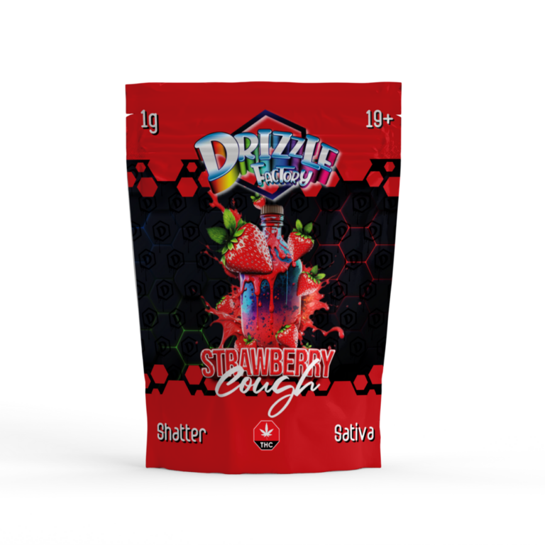 Red Strawberry Cough Drizzle Shatter pouch marked Sativa and 1g 1