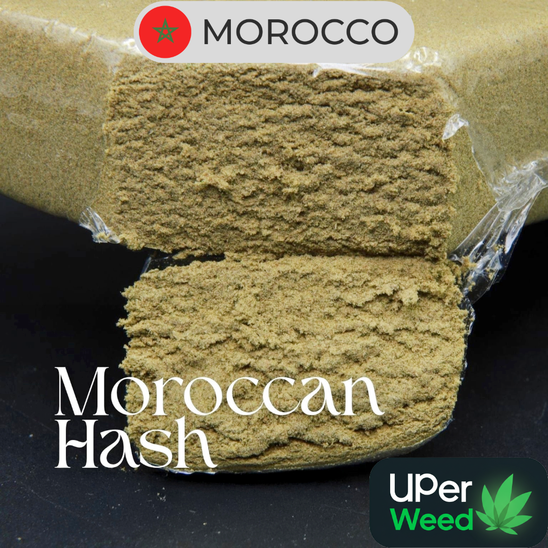 Light tan Moroccan Hash block crumbled inside clear wrapping with Morocco branding 1