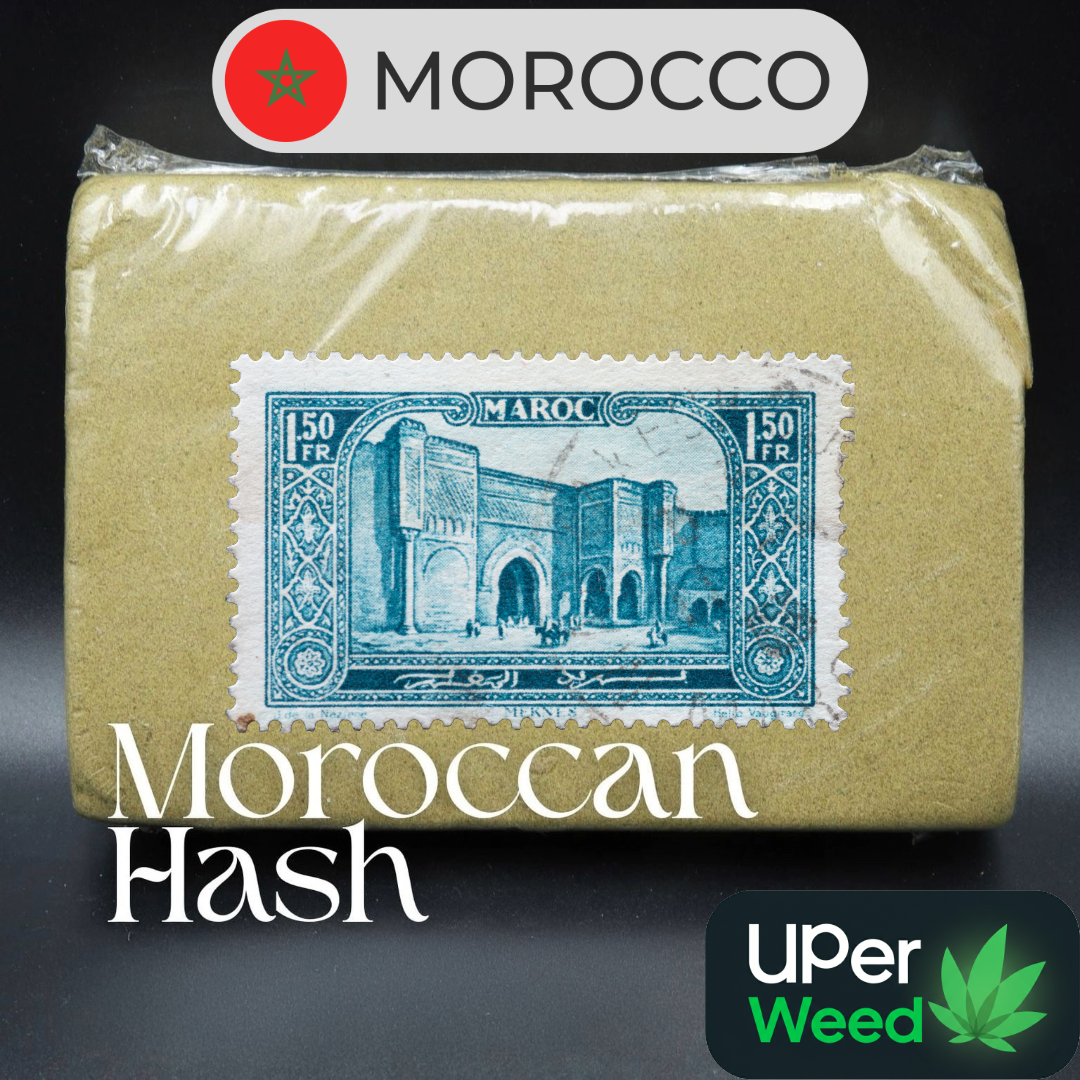 Light tan Moroccan Hash block crumbled inside clear wrapping with Morocco branding 2