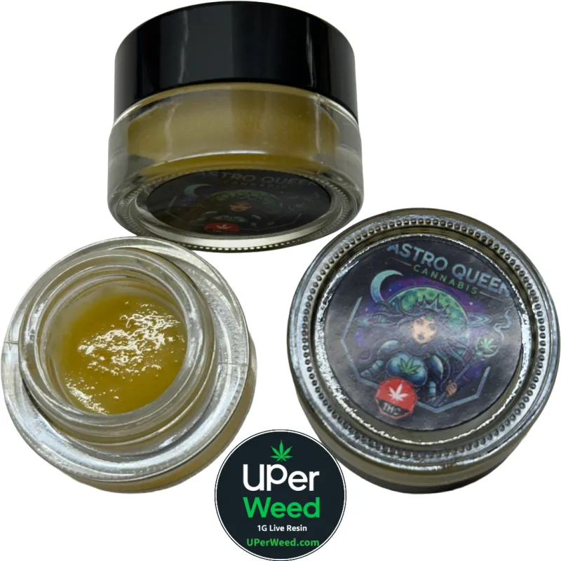 Four open jars of bright golden live resin arranged around an Astro Queen Cannabis lid for Astro Queen 3