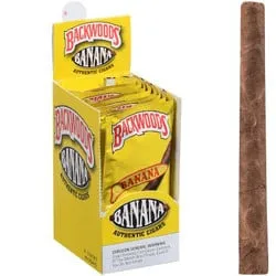 Yellow Backwoods Banana five-cigar pouch beside a 40-cigar retail display carton 2