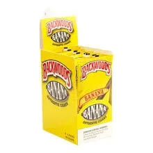 Yellow Backwoods Banana five-cigar pouch beside a 40-cigar retail display carton 3