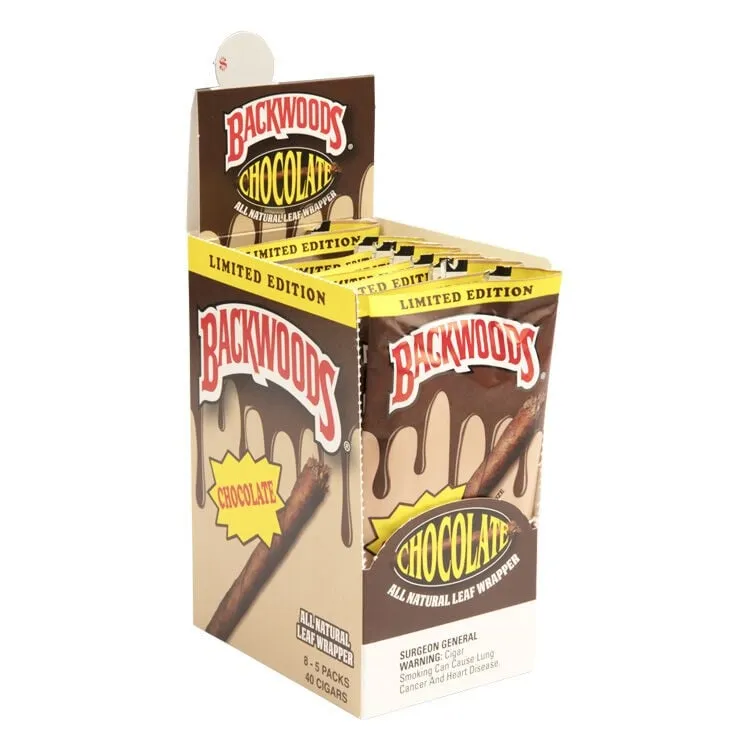 Brown limited-edition Backwoods Chocolate five-cigar pouch beside matching display box 2