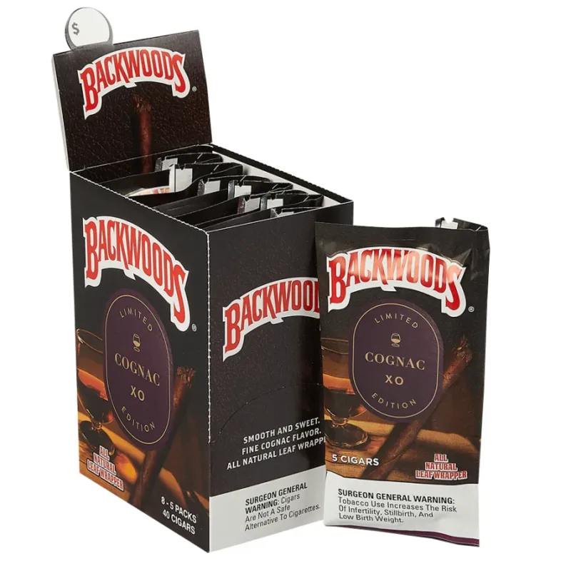Backwoods Cognac XO five-cigar pouch beside a dark limited-edition display box 1