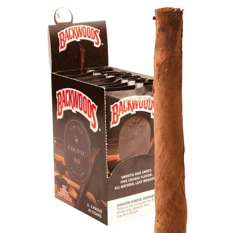Backwoods Cognac XO five-cigar pouch beside a dark limited-edition display box 2