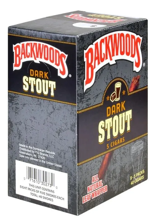 Black Backwoods Dark Stout display box, two five-cigar pouches and one loose brown cigar 2