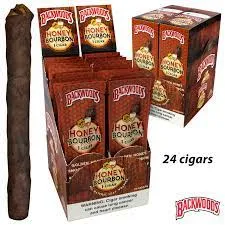 Brown Backwoods Honey Bourbon box and orange five-cigar pouch with tobacco warnings 2