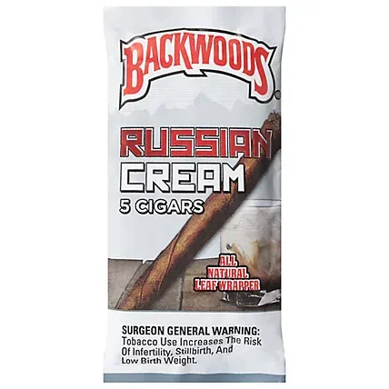 Two silver Backwoods Russian Cream display cartons holding five-cigar pouches 2