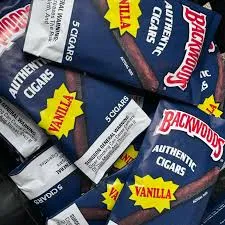 Blue Backwoods Vanilla five-cigar pouch in front of a 40-cigar retail display carton 2