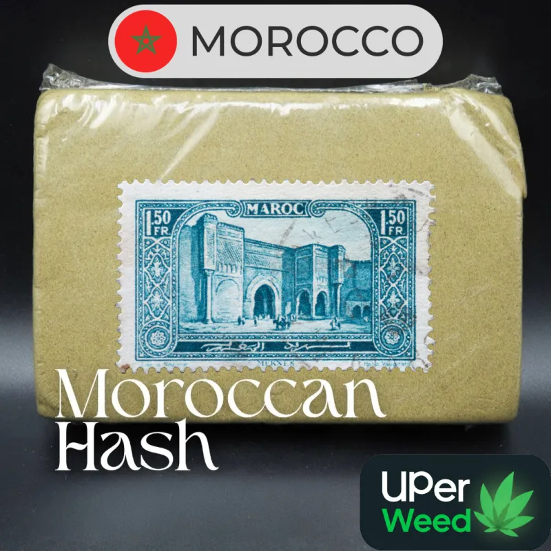 Pale sandy Blonde Moroccan Hash slabs with crumbly cut surfaces and Morocco label 2