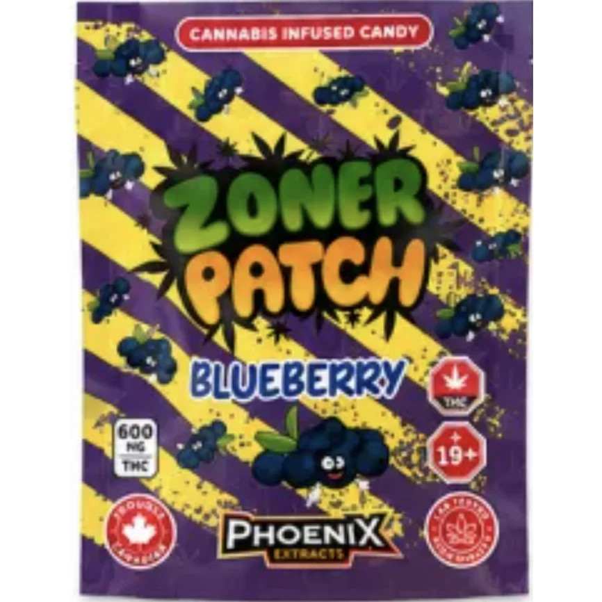 Zoner Patch THC Candies 600 MG Grape edibles displayed in a modern, clean setting with deep green accents and premium cannabis product styling 2