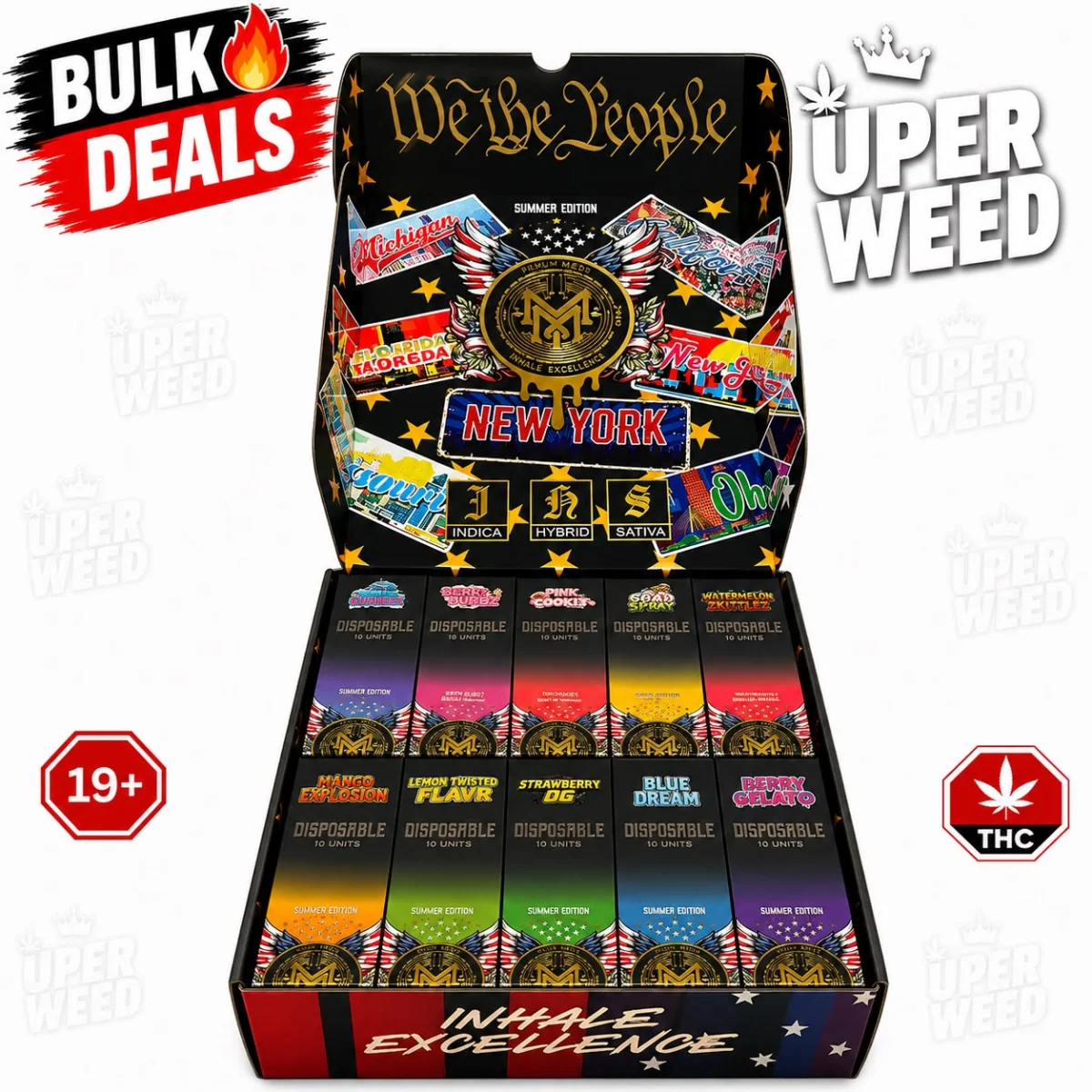 100-pack master case of disposable vape pens from Uper Weed Vapes Summer Edition, arranged in organized retail display format 2