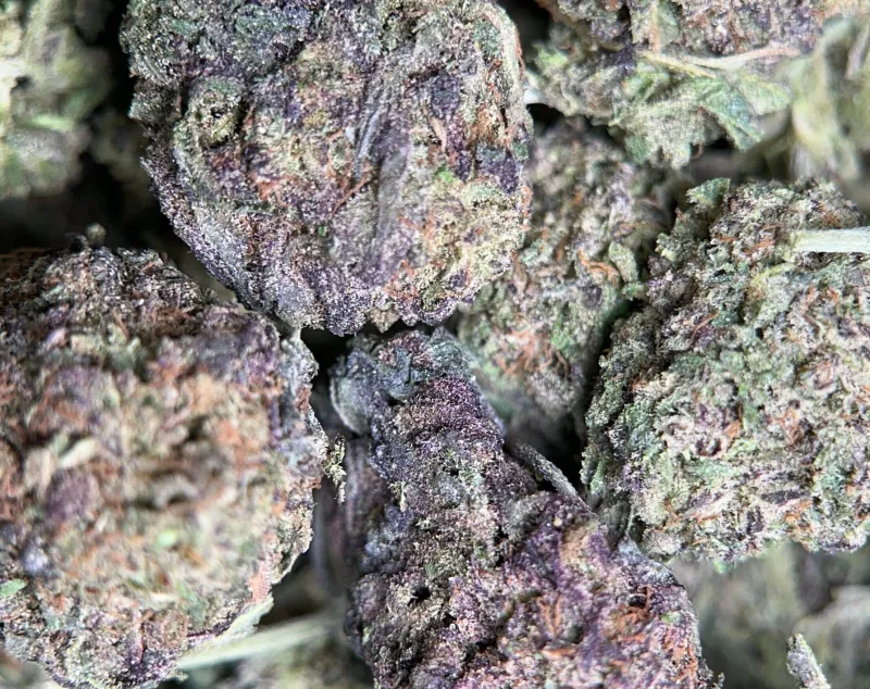 Blue Runtz indica cannabis flower buds, lab-tested with 31.98% THC, displayed on a neutral background 2