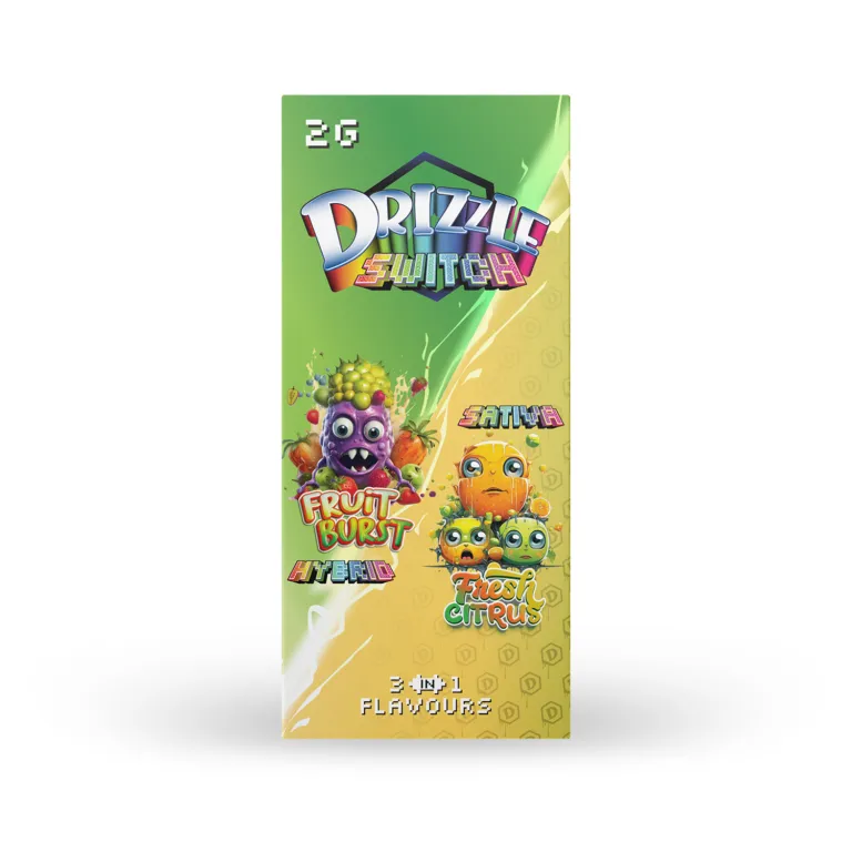 Green Drizzle 2g Switch box and device labelled Fruit Burst Hybrid and Fresh Citrus Sativa 1
