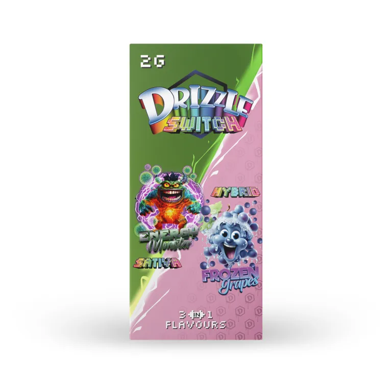 Green Drizzle 2g Switch box and device labelled Energy Monster Sativa and Frozen Grapes Hybrid 1
