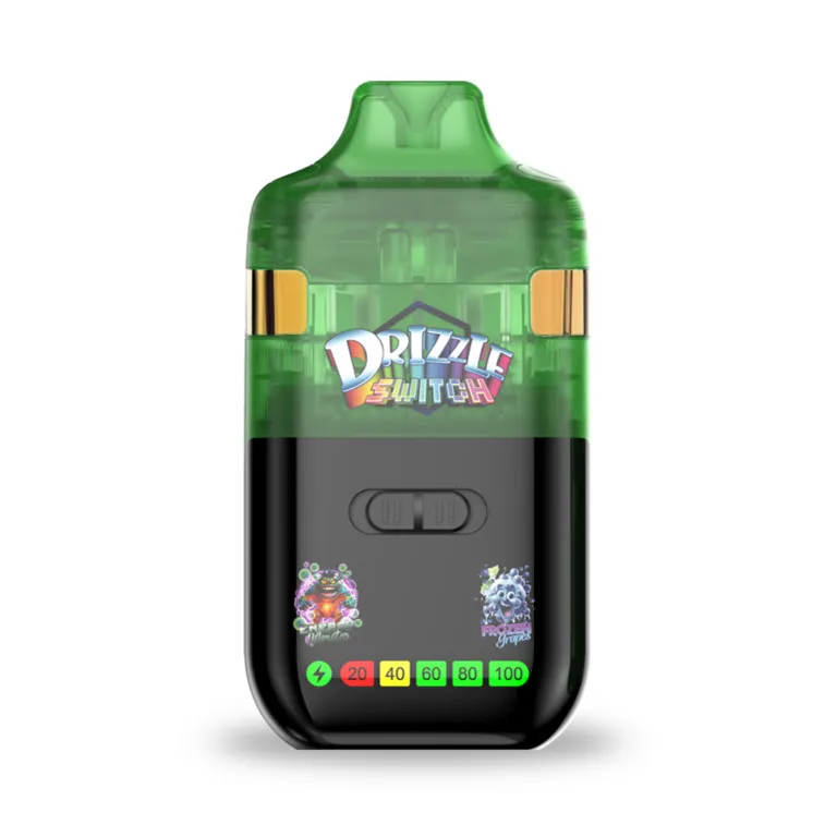 Green Drizzle 2g Switch box and device labelled Energy Monster Sativa and Frozen Grapes Hybrid 2