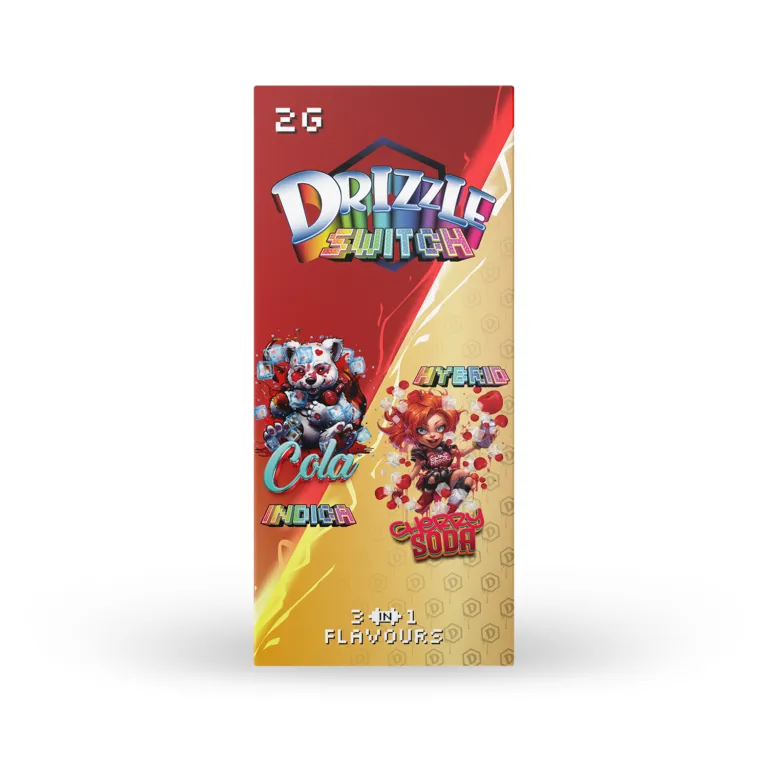 Red Drizzle 2g Switch box and device labelled Cola Indica and Cherry Soda Hybrid 1