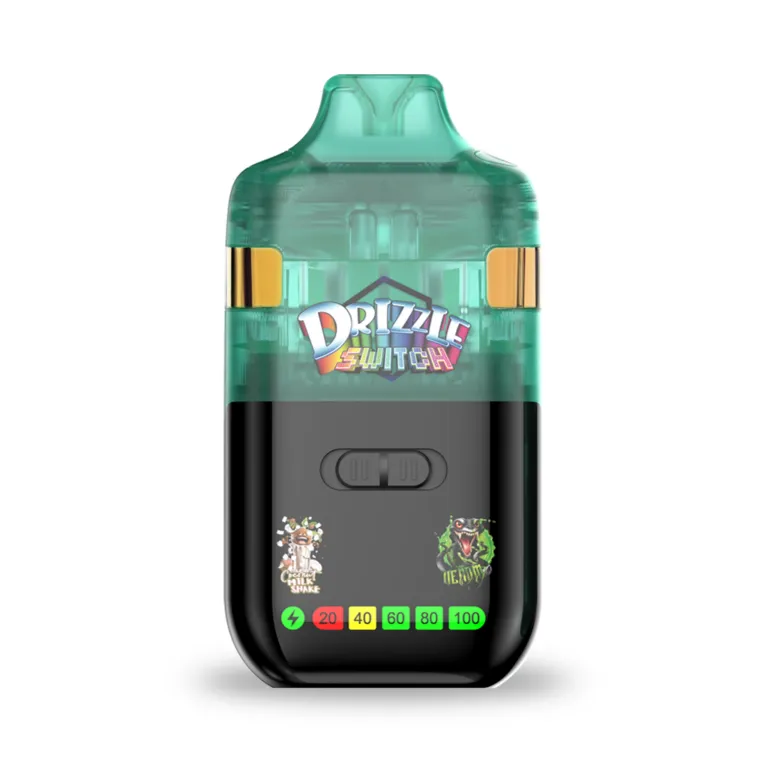 Green Drizzle 2g Switch box and device labelled Coconut Milk Shake Sativa and Venom OG Hybrid 2