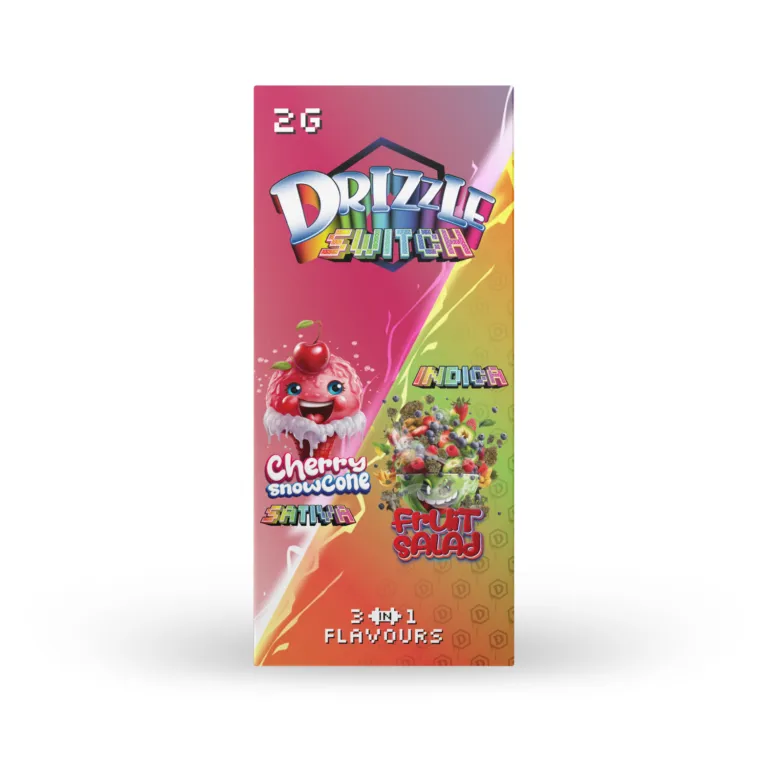 Drizzle 2g Switch package and device labelled Cherry Snowcone Sativa and Fruit Salad Indica 1