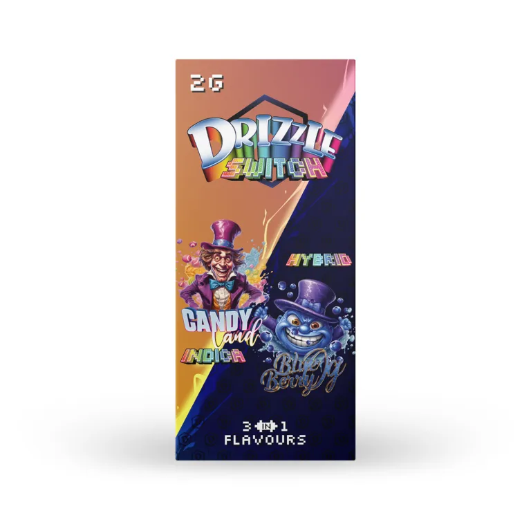 Drizzle 2g Switch box and device labelled Candy Land Indica and Blue Berry Hybrid 1