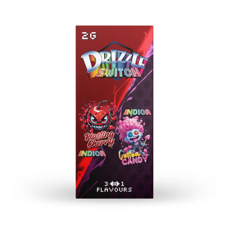 Drizzle 2g Switch box and device labelled Blasting Cherry and Cotton Candy Indica 1