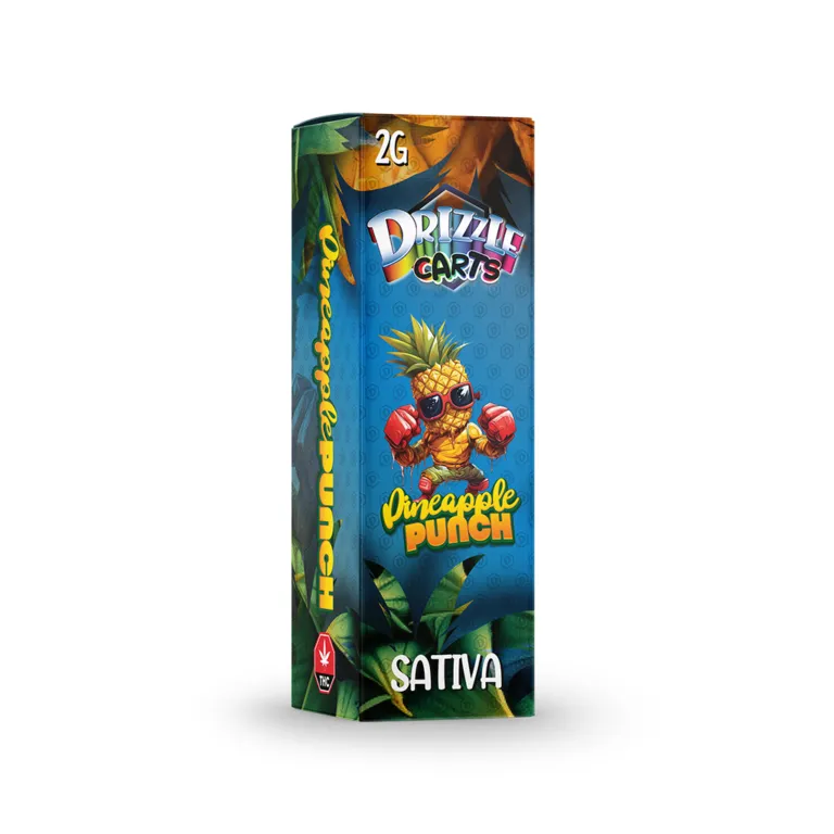 Blue and orange Pineapple Punch Drizzle 2g cartridge box marked Sativa 1