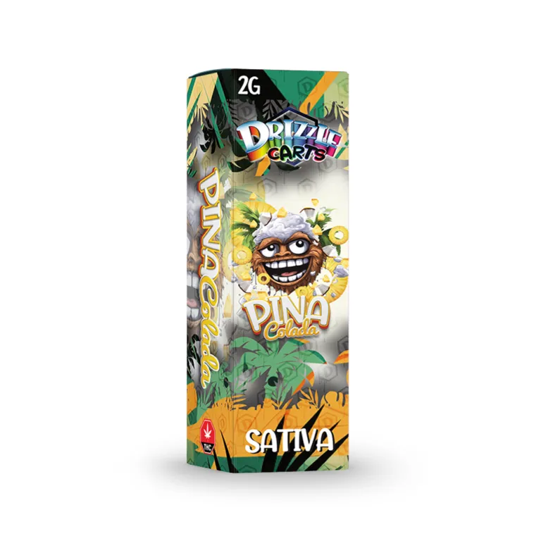 Blue and orange Pineapple Punch Drizzle 2g cartridge box marked Sativa 14