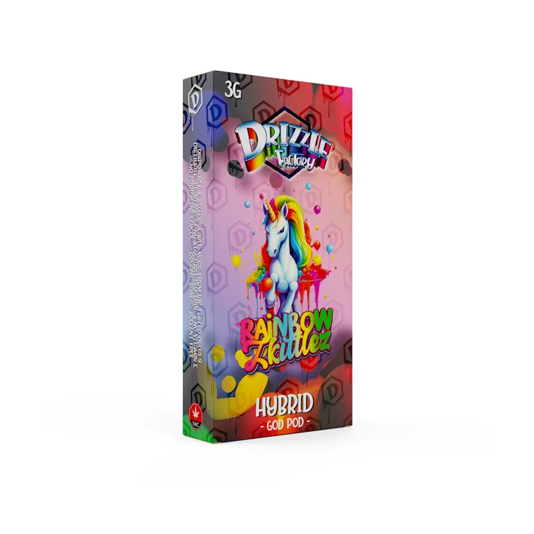 Drizzle Factory Rainbow Skittlez Hybrid GOD POD three-gram vape and box 2