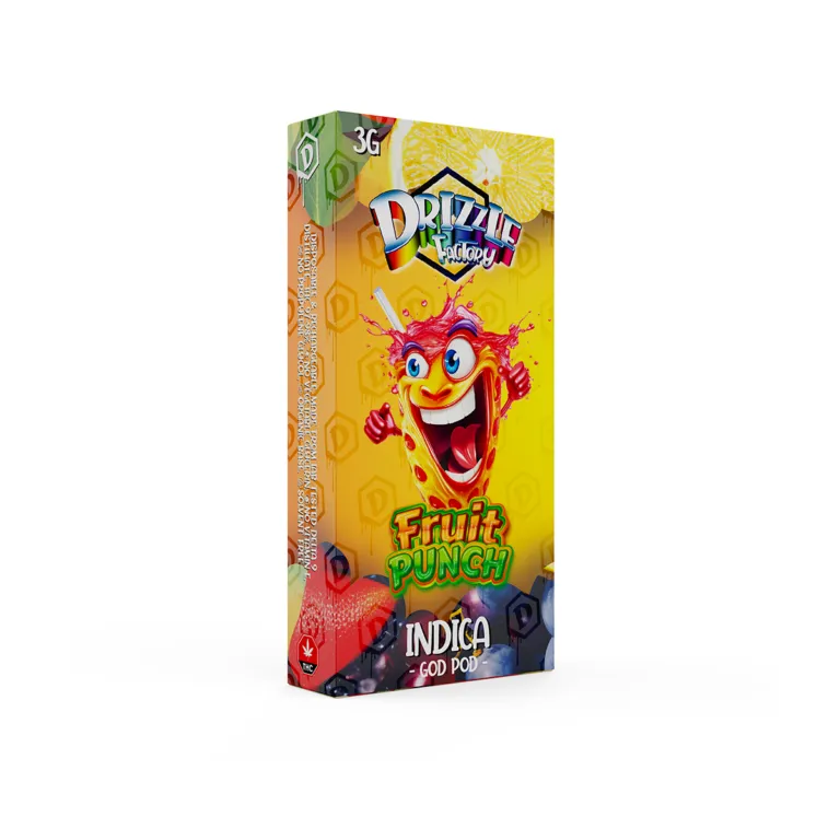 Fruit Punch Drizzle Factory 3g vape and yellow Indica box 2