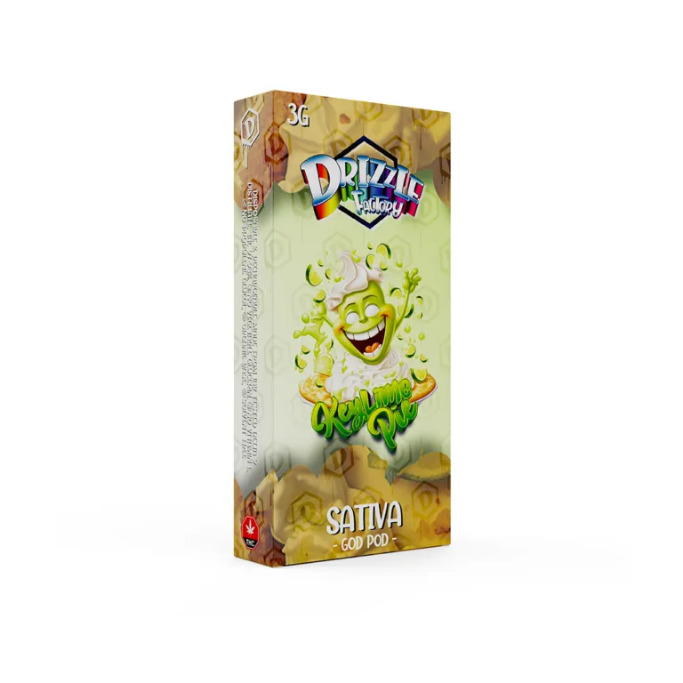 Key Lime Pie Drizzle Factory 3g vape beside green Sativa carton 2