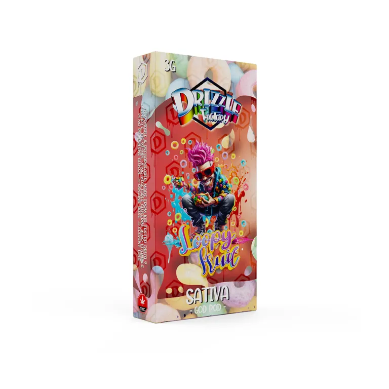 Drizzle Factory Loopy Fruit 3g GOD POD disposable vape package labelled Sativa 2