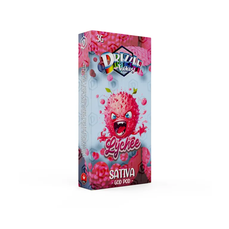 Drizzle Factory Lychee 3g GOD POD disposable vape package labelled Sativa 2