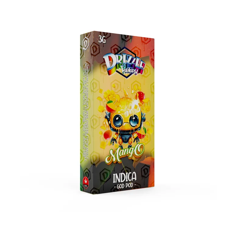 Drizzle Factory Mango 3g GOD POD disposable vape package labelled Indica 2