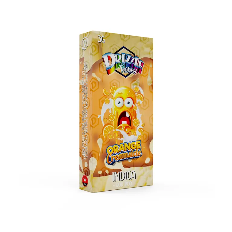 Drizzle Factory Orange Creamsicle 3g GOD POD disposable vape package labelled Indica 2