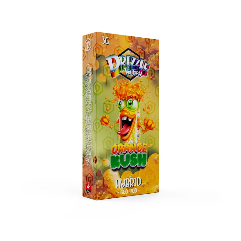 Drizzle Factory Orange Kush 3g GOD POD disposable vape package labelled Hybrid 2