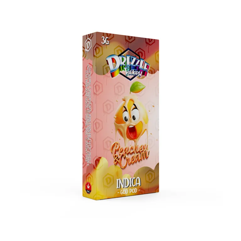 Drizzle Factory Peaches and Cream 3g GOD POD vape package labelled Indica 2