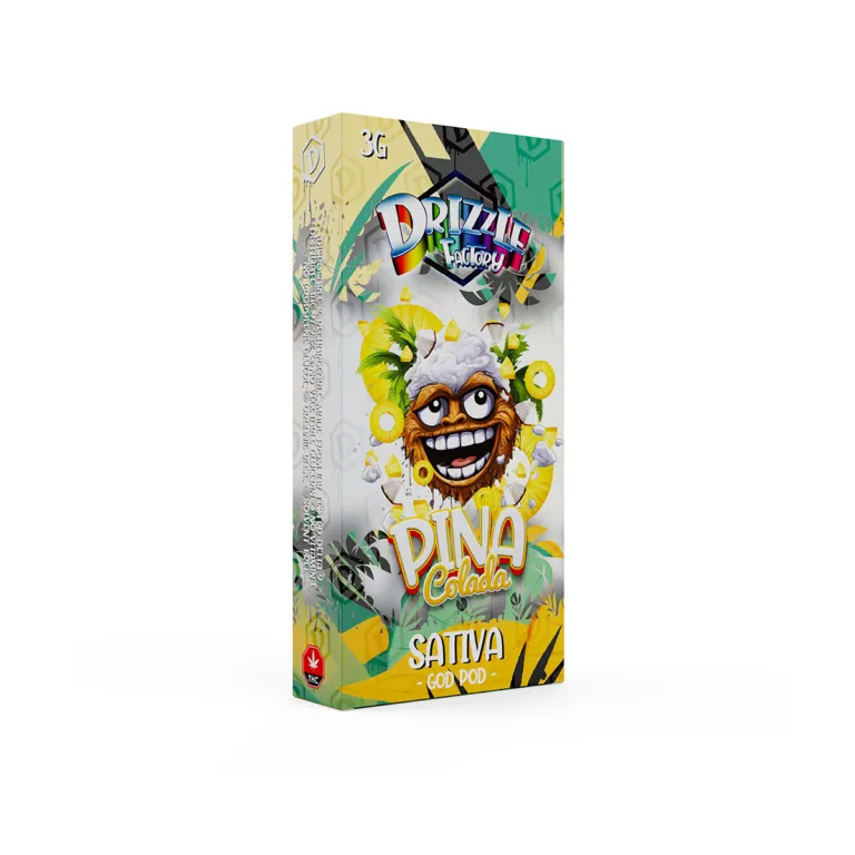 Drizzle Factory Pina Colada 3g GOD POD disposable vape with Sativa package label 2