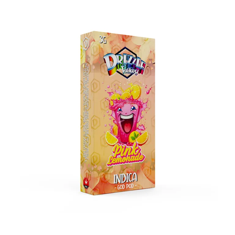 Pale yellow-and-pink Drizzle Factory Pink Lemonade 3g Indica vape 2
