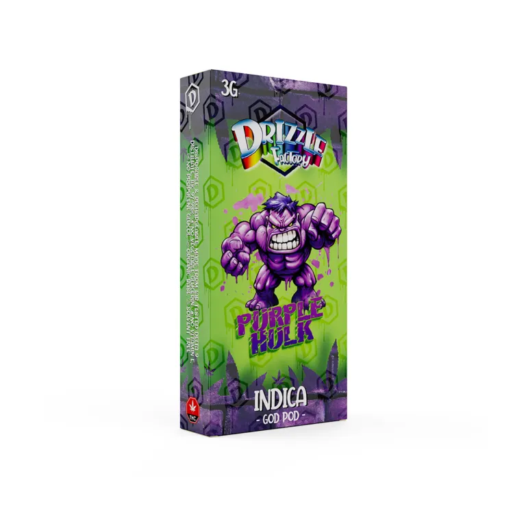 Bright purple-and-green Drizzle Factory Purple Hulk 3g Indica vape 2