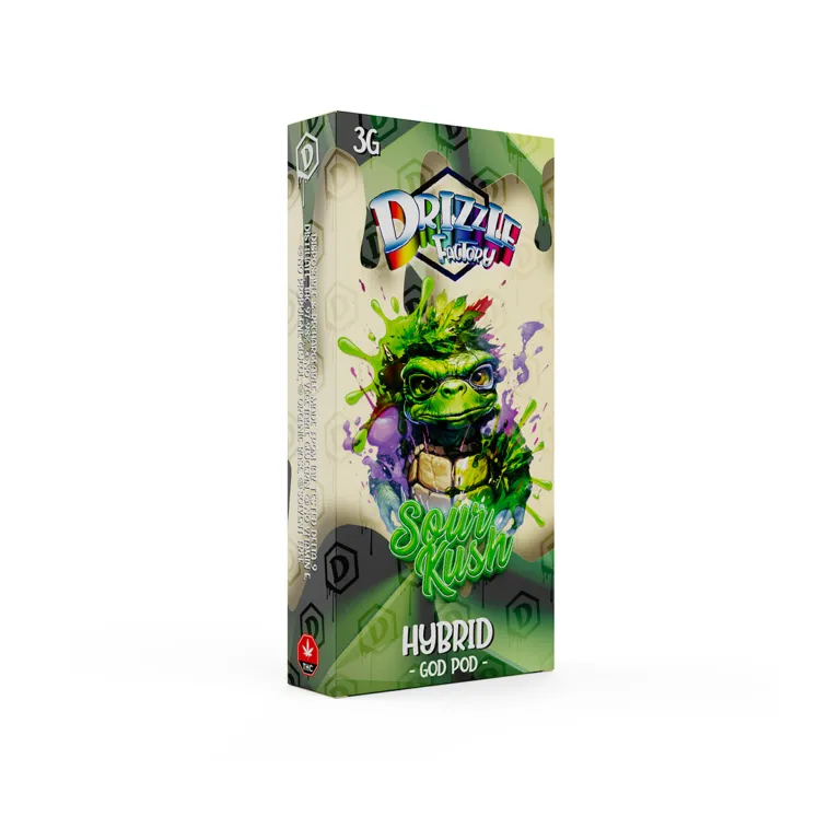 Cream-and-green Drizzle Factory Sour Kush Hybrid 3g vape package 2