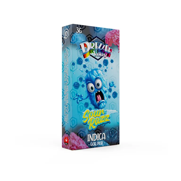 Blue Drizzle Factory 3g Sour Razz Indica disposable vape box 2
