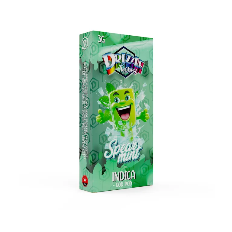 Bright green Drizzle Factory 3g Spear Mint Indica vape and box 2