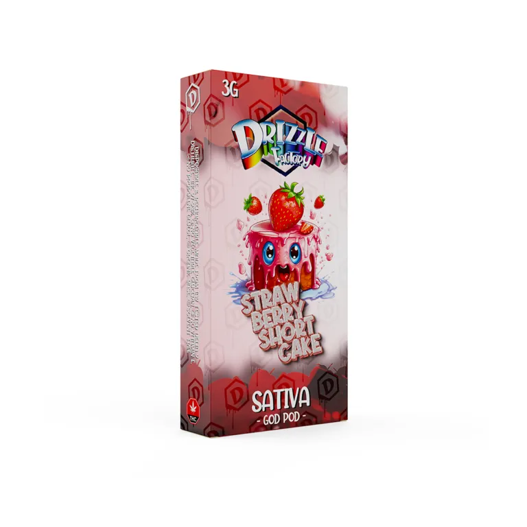 Strawberry Shortcake 3g disposable beside pink Sativa God Pod box 2
