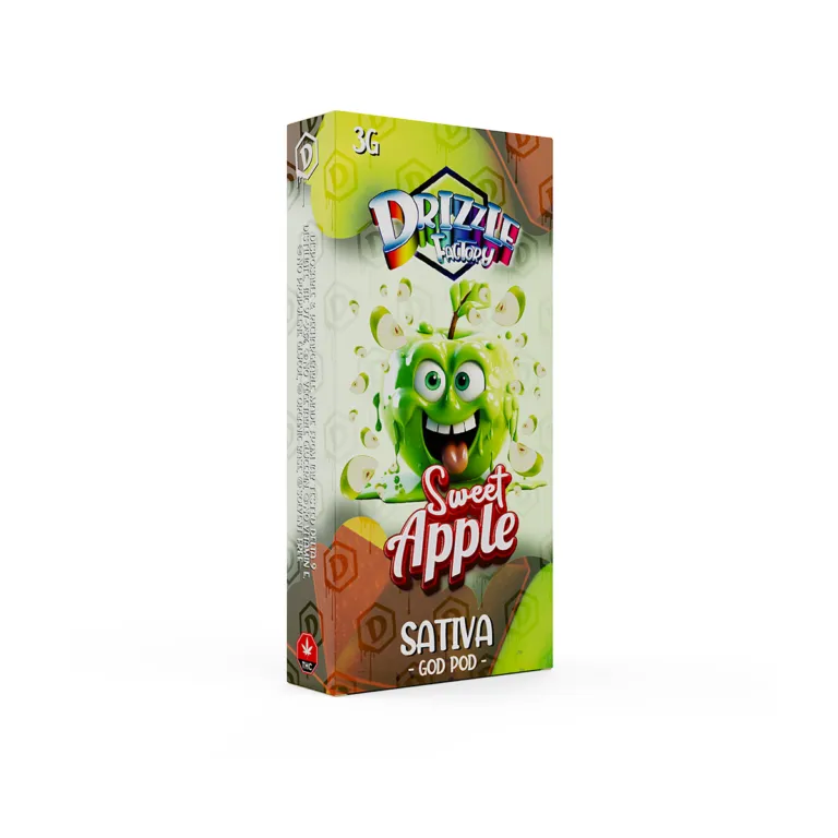 Sweet Apple Drizzle Factory 3g vape beside green Sativa box 2